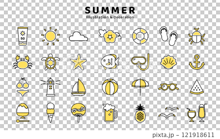 夏のアイコン素材セット　朝顔　シュノーケル　灯台　ビール　カブトムシ　錨　ヨット　水着　ベクター 121918611