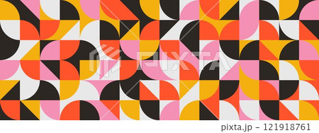 Bright curved seamless pattern. Abstract geometric mid century background. Colorful Swiss modernist or postmodernist style wallpaper. Vector modular repeating overlay. Red pink yellow mural backdrop Bright curved seamless pattern. Abstract geometric mid century background. Colorful Swiss modernist or postmodernist style wallpaper. Vector modular repeating overlay. Red pink yellow mural backdrop 121918761