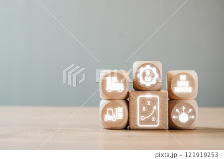 Logistics Concept with Wooden Blocks Illustrating Supply Chain and Distribution Network on a Neutral Background Logistics Concept with Wooden Blocks Illustrating Supply Chain and Distribution Network on a Neutral Background 121919253