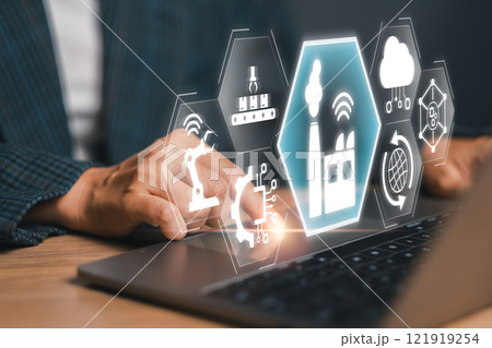 Industry 4.0 Concept with Digital Interface and Automation Technology in Modern Manufacturing and Smart Factory Environment 121919254