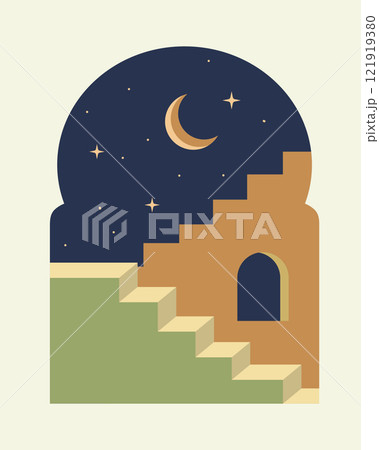 Modern abstract aesthetic landscape, stairs and moon on traditional moroccan window Modern abstract aesthetic landscape, stairs and moon on traditional moroccan window 121919380