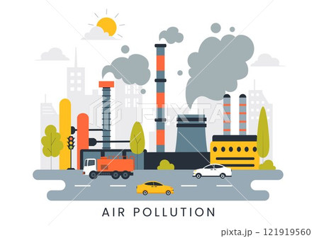 Air Pollution Illustration Featuring the Concepts of Climate Change and Global Warming, City Roads Covered in Smog, Factory Smoke, and Industrial Air Pollution Illustration Featuring the Concepts of Climate Change and Global Warming, City Roads Covered in Smog, Factory Smoke, and Industrial 121919560