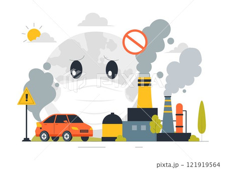 Air Pollution Illustration Featuring the Concepts of Climate Change and Global Warming, City Roads Covered in Smog, Factory Smoke, and Industrial Air Pollution Illustration Featuring the Concepts of Climate Change and Global Warming, City Roads Covered in Smog, Factory Smoke, and Industrial 121919564