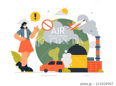 Air Pollution Illustration Featuring the Concepts of Climate Change and Global Warming, City Roads Covered in Smog, Factory Smoke, and Industrial Air Pollution Illustration Featuring the Concepts of Climate Change and Global Warming, City Roads Covered in Smog, Factory Smoke, and Industrial 121919567