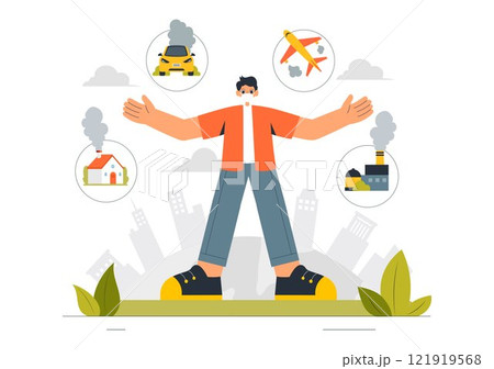 Air Pollution Illustration Featuring the Concepts of Climate Change and Global Warming, City Roads Covered in Smog, Factory Smoke, and Industrial 121919568