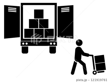 Unloading truck icon. Worker unloading boxes from truck sign. Delivery man unloading boxes from truck for shipping symbol. flat style. 121919781
