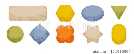 Textured sticker shape collection. Primitive geometric label element pack. Set of abstract dotted blank badges for price tag and sale promotion. Bright noise patch pack. Vector design elements 121919894