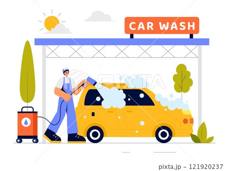 Car Wash Service Vector Illustration featuring Workers Cleaning an Automobile with Sponges, Soap, and Water in a Flat Style Cartoon Background 121920237