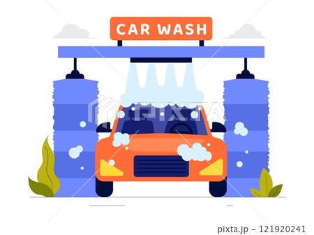Car Wash Service Vector Illustration featuring Workers Cleaning an Automobile with Sponges, Soap, and Water in a Flat Style Cartoon Background 121920241