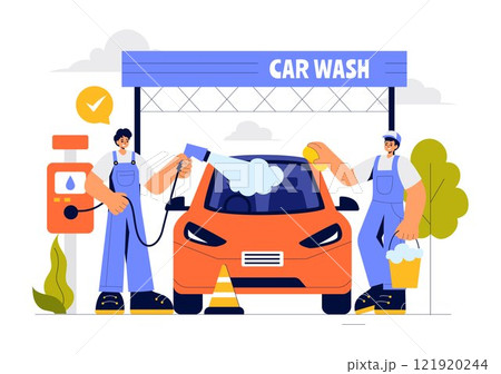 Car Wash Service Vector Illustration featuring Workers Cleaning an Automobile with Sponges, Soap, and Water in a Flat Style Cartoon Background Car Wash Service Vector Illustration featuring Workers Cleaning an Automobile with Sponges, Soap, and Water in a Flat Style Cartoon Background 121920244