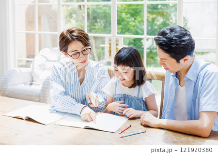 勉強する小学生の女の子に厳しい表情をする両親 勉強する小学生の女の子に厳しい表情をする両親 121920380