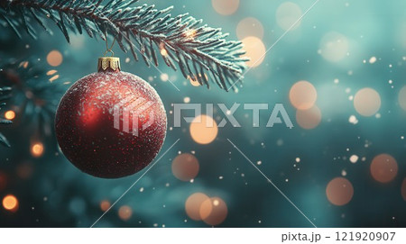 A vibrant red ornament dangles from a green pine branch, illuminated by soft, glowing lights in the A vibrant red ornament dangles from a green pine branch, illuminated by soft, glowing lights in the 121920907