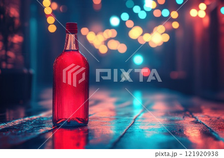 A striking bottle filled with red liquid stands prominently on a wet street, reflecting the A striking bottle filled with red liquid stands prominently on a wet street, reflecting the 121920938