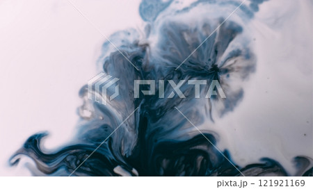 Acrylic spreads. Ink spill. Defocused white gray black blue messy pigment powder particles emulsion mix. Marble swirl flow abstract background. 121921169