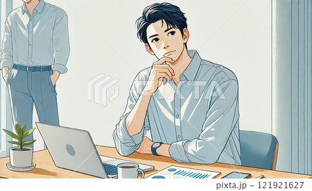 ビジネスミーティングで思案する男性のイラスト 121921627
