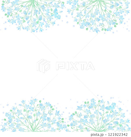 水色のスプレーデルフィニウムで飾ったおしゃれなフレーム。春らしい水彩イラスト。 121922342