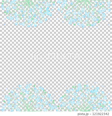 時尚的框架飾有淺藍色噴霧飛燕草。春天水彩插圖。 121922342