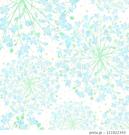 水色のデルフィニウムの花々で飾ったおしゃれな背景素材。春らしい爽やかな水彩イラスト。 121922343