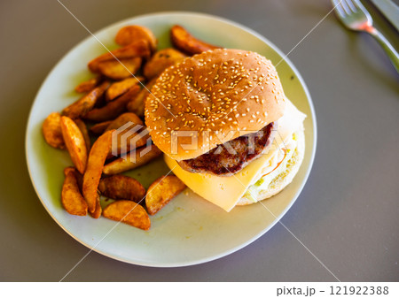 Delicious cheeseburger with beef patty and cheese on plate, with french fries Delicious cheeseburger with beef patty and cheese on plate, with french fries 121922388