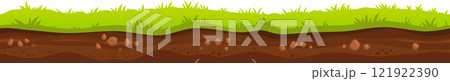 Seamless cartoon soil and grass with rocks, ground surface with stones, underground layers, earth texture, nature background, vector illustration Seamless cartoon soil and grass with rocks, ground surface with stones, underground layers, earth texture, nature background, vector illustration 121922390