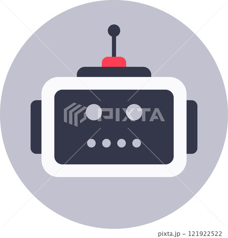 Minimalist flat design vector icon of a cute robot face with antenna, representing artificial intelligence, machine learning, and futuristic technology 121922522