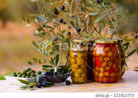Various jars with olive oil and plates with olives under the olive tree Various jars with olive oil and plates with olives under the olive tree 121922755