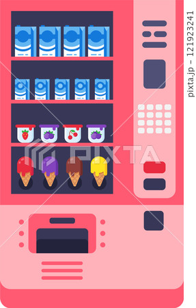 Pink vending machine offering packaged milk boxes, yogurt cups and ice cream cones, representing a convenient way to purchase snacks and refreshments 121923241