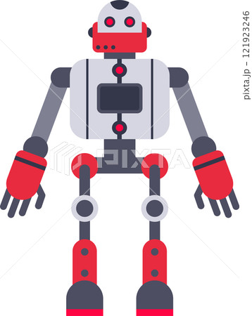Red and grey robot standing with arms outstretched, showcasing its humanoid design and advanced technology, ready for automation and artificial intelligence tasks Red and grey robot standing with arms outstretched, showcasing its humanoid design and advanced technology, ready for automation and artificial intelligence tasks 121923246