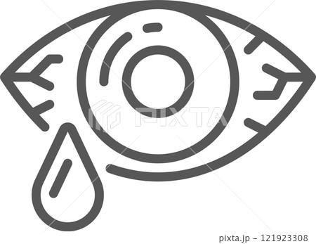 Simple gray line drawing depicting an eye with visible veins and pupil, shedding a tear, expressing feelings of sadness, pain, or allergic reaction 121923308