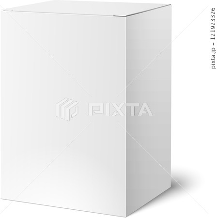 Realistic white closed box casting a soft shadow on a clean white surface, providing an ideal backdrop for displaying product packaging designs and branding concepts 121923326