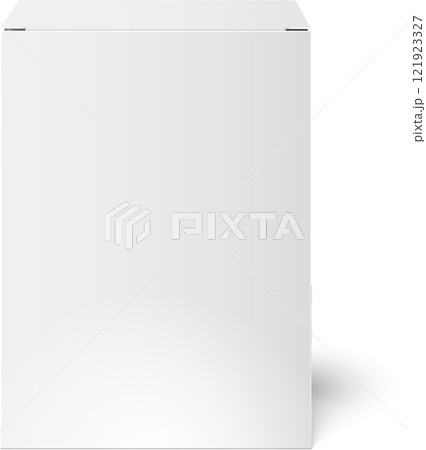 Realistic white blank paper box packaging mockup casting shadow on white background, ideal for product design presentation, branding, and marketing purposes 121923327