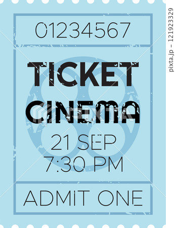 Light blue cinema ticket for a movie showing at 7,30 pm on the 21st of september with a stylized film reel in the background and a serial number on top 121923329