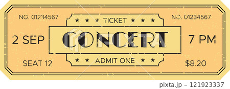Close up of a vintage style concert ticket showing the date, time, seat number, price, and the word CONCERT in a bold, distressed font, evoking nostalgia for live music events Close up of a vintage style concert ticket showing the date, time, seat number, price, and the word CONCERT in a bold, distressed font, evoking nostalgia for live music events 121923337