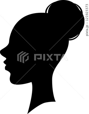 Black silhouette profile of a woman with a bun hairstyle looking left, isolated on a white background, representing beauty, fashion, and femininity Black silhouette profile of a woman with a bun hairstyle looking left, isolated on a white background, representing beauty, fashion, and femininity 121923373