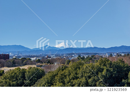 立川市　立川ステージガーデン　スカイデッキの展望　富士山　丹沢山地（左）　高尾山から陣馬山尾根（右） 121923569