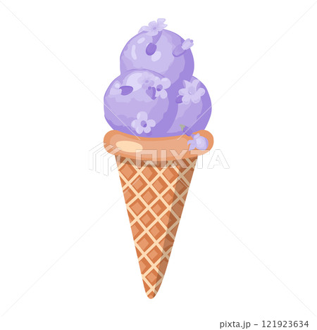 Lavender ice cream. Three balls of creamy sweet dessert in a waffle cone. Purple sorbet. Vector illustration on white background. Lavender ice cream. Three balls of creamy sweet dessert in a waffle cone. Purple sorbet. Vector illustration on white background. 121923634
