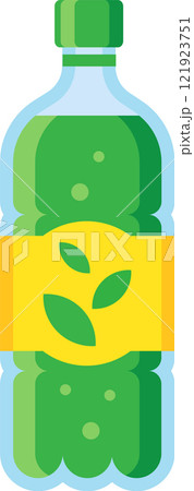 Green tea soft drink in a clear plastic bottle, showcasing vibrant bubbles and a bright yellow label adorned with green leaves, promoting a refreshing and healthy lifestyle 121923751