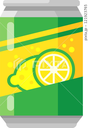 Close up of a vibrant aluminum can featuring lemon slices and sparkling bubbles, conveying the refreshing and citrusy nature of the beverage contained within 121923765