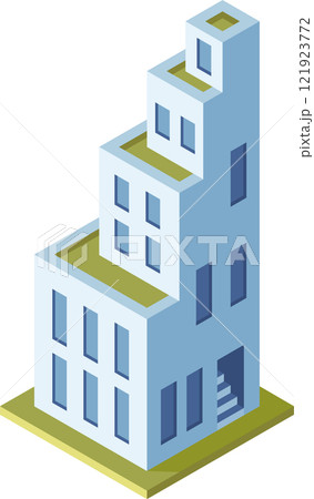 Modern isometric building featuring rooftop terraces, windows, and a staircase entrance, representing urban architecture and sustainable design 121923772