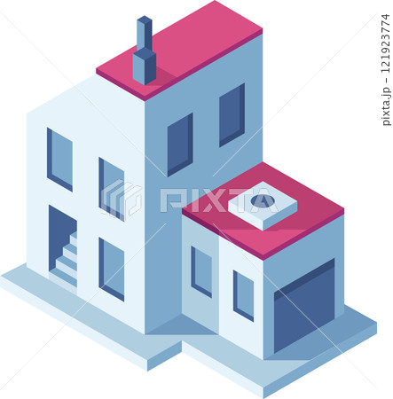 Isometric vector illustration depicting a modern house featuring a garage and chimney, ideal for showcasing real estate and architectural concepts in vibrant urban or suburban settings 121923774