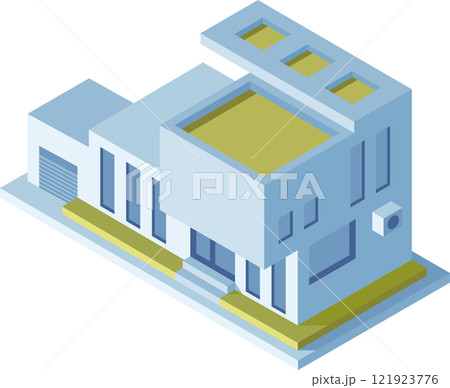 Modern house featuring a rooftop and garage, presented in an isometric view, highlighting intricate architectural details and contemporary design elements that define urban living 121923776