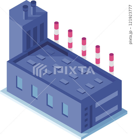 Isometric vector illustration representing a modern factory building with smoking chimneys polluting the environment, symbolizing industrial production and its impact on the planet 121923777