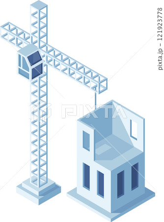 Construction crane building a house using prefabricated modular concrete panels, isometric view of building under construction, concept of real estate development and modern building techniques 121923778