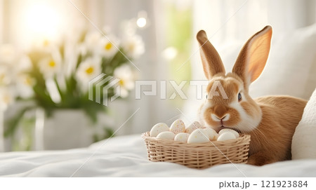 A magical scene of an Easter bunny leaving a basket of sweets by a child's bed while they sleep 121923884