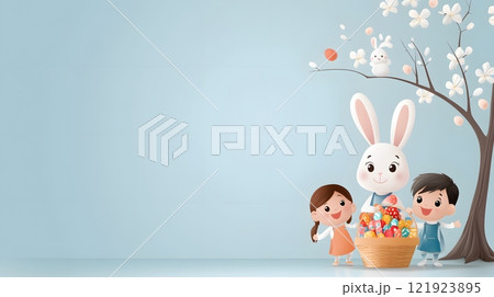 An Easter bunny sitting by a tree with a large basket of sweets, surrounded by happy children 121923895
