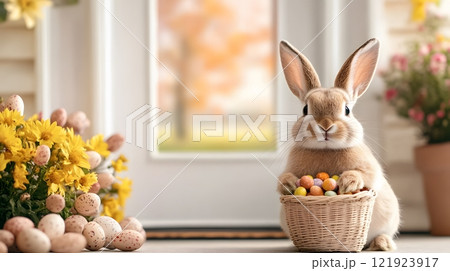 An Easter bunny placing a basket of sweets on a doorstep surrounded by spring flowers 121923917