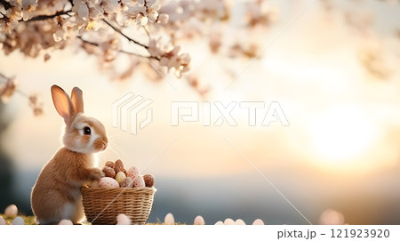 A serene morning scene with an Easter bunny arranging treats in a basket under a flowering tree 121923920