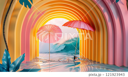 Colorful Archway with Pink Umbrellas and Crashing Wave 121923943