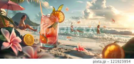 Exotic Summer Cocktail on Tropical Beach 121923954