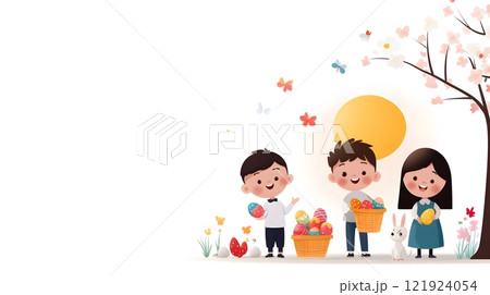 A festive Easter event with families enjoying a traditional egg hunt, children holding baskets of candy and chocolate 121924054